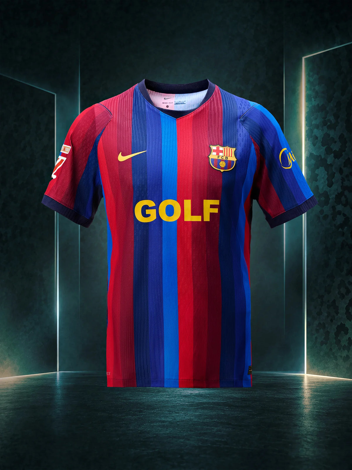Barcelona 2026/27 Golf Wang special edition jersey - front, blaugrana stripes with gold GOLF lettering