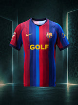Barcelona 2026/27 Golf Wang special edition jersey - front, blaugrana stripes with gold GOLF lettering