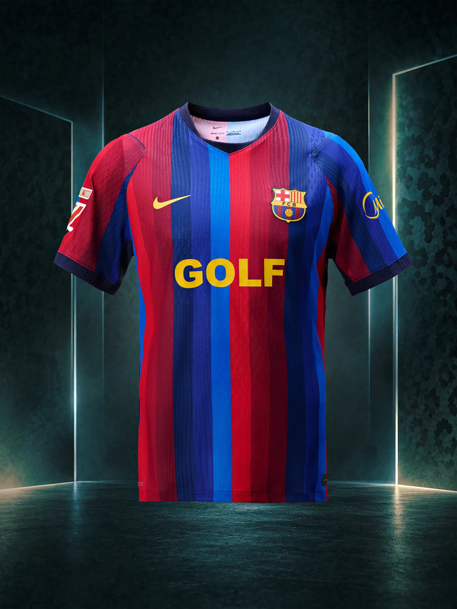 Barcelona 2026/27 Golf Wang special edition jersey - front, blaugrana stripes with gold GOLF lettering