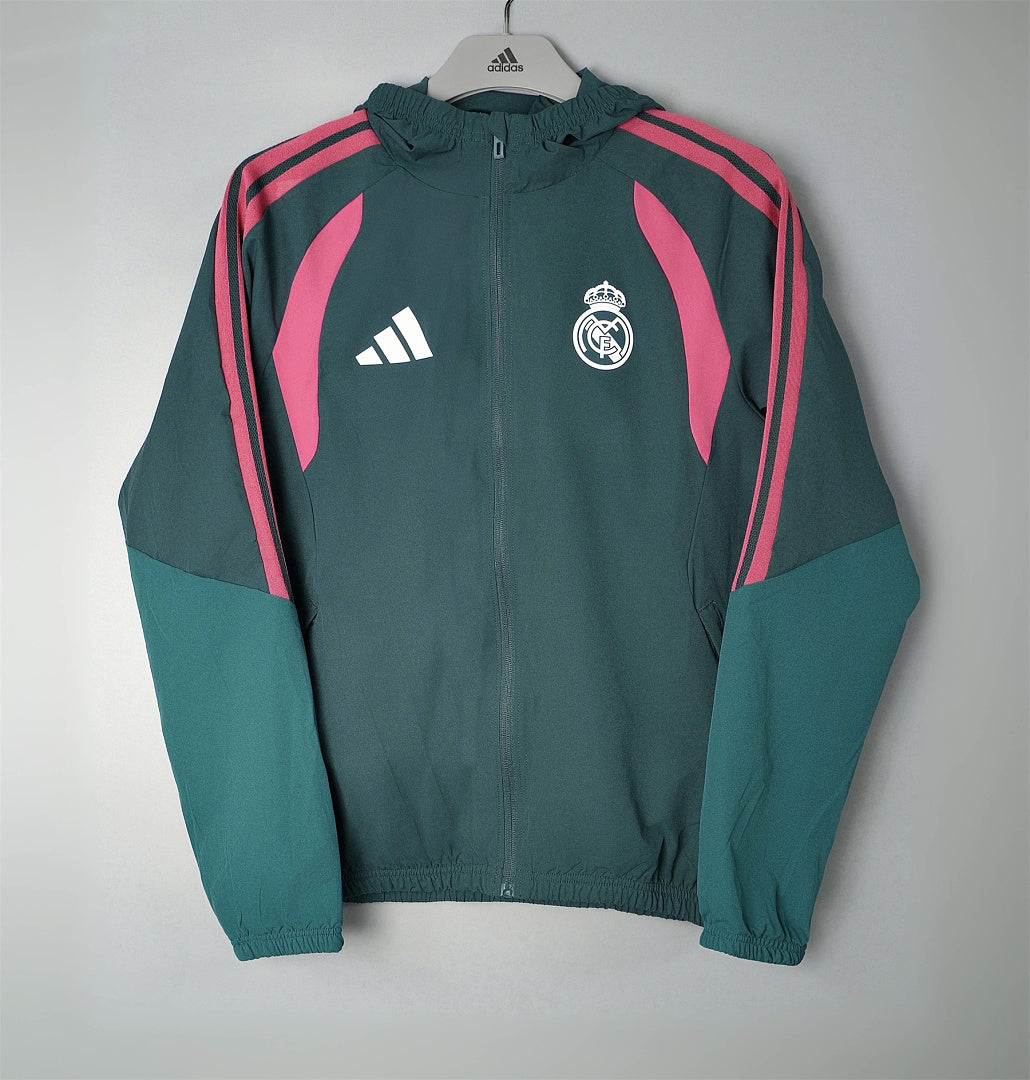 REAL MADRID 2026/27 HOODED WINDBREAKER JACKET - Dark Green/Pink Stripes - front