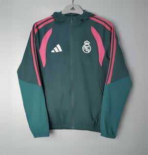 REAL MADRID 2026/27 HOODED WINDBREAKER JACKET - Dark Green/Pink Stripes - front