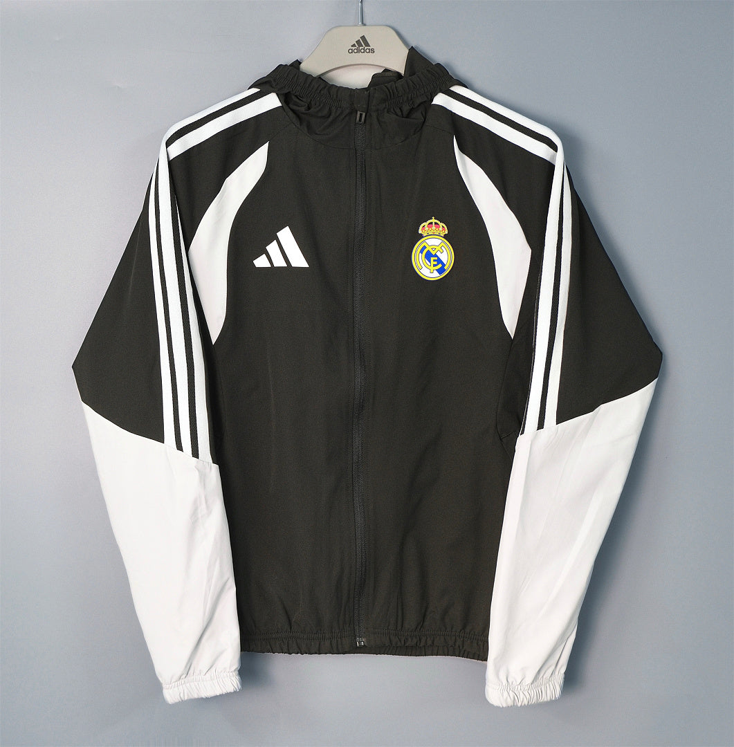 REAL MADRID 2026/27 HOODED WINDBREAKER JACKET - Black/White Stripes - front