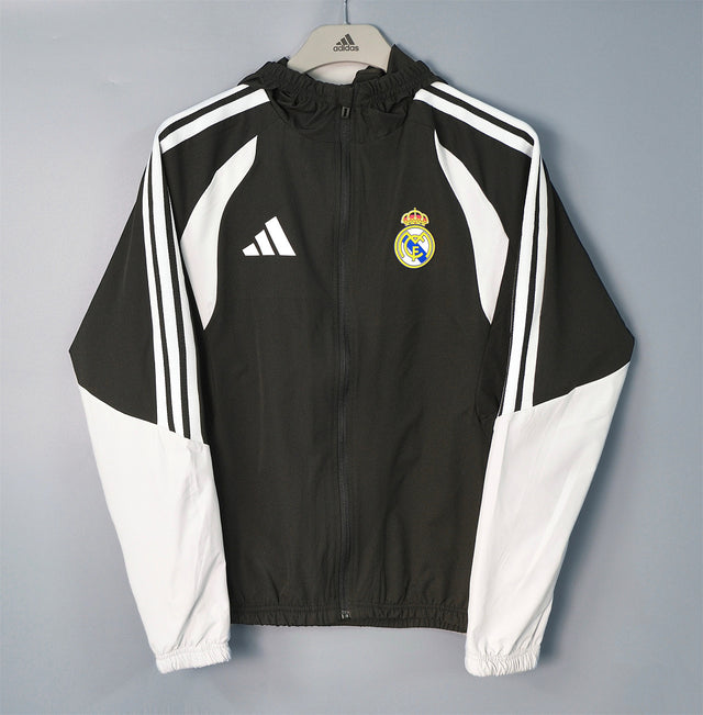 REAL MADRID 2026/27 HOODED WINDBREAKER JACKET - Black/White Stripes - front