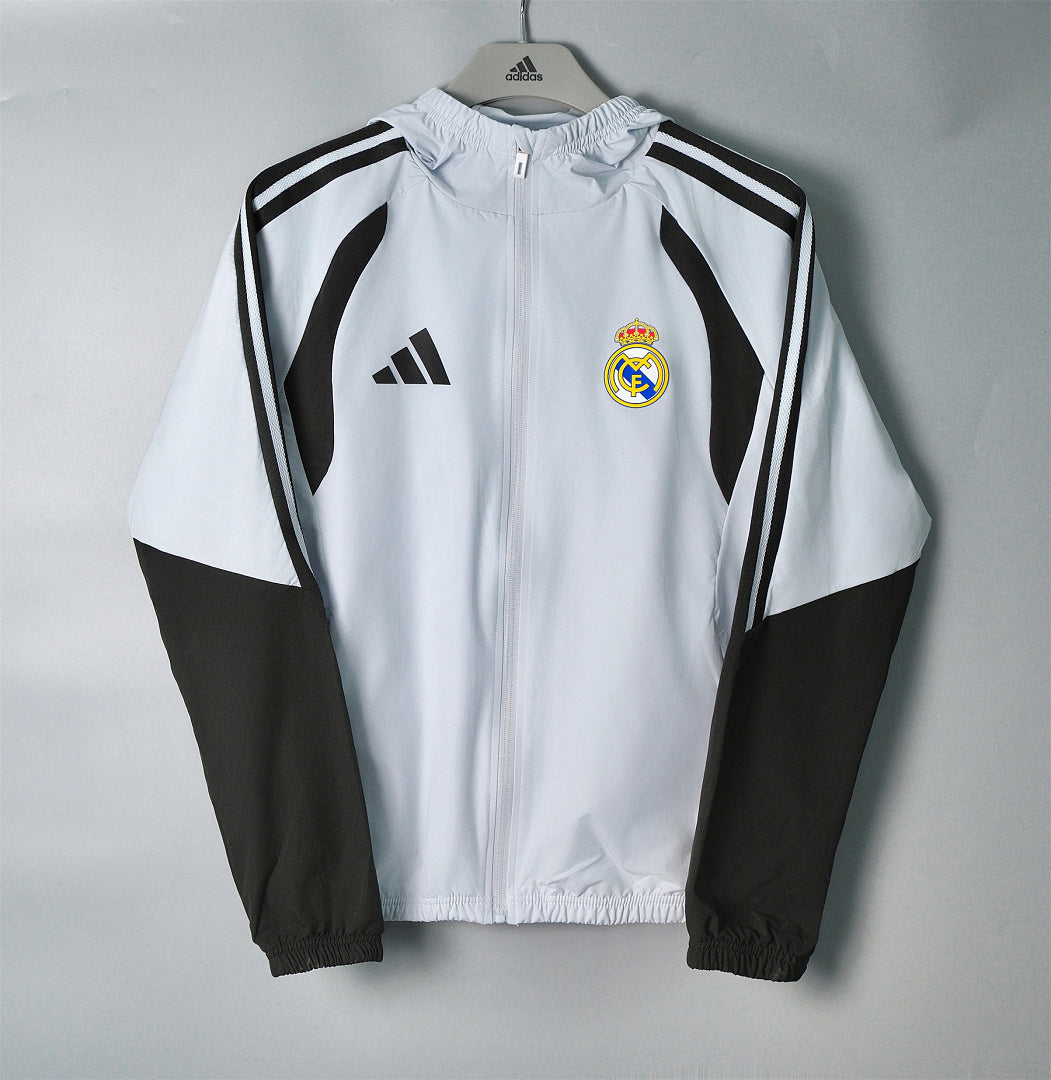 REAL MADRID 2026/27 HOODED WINDBREAKER JACKET - Light Grey/Black Stripes - front