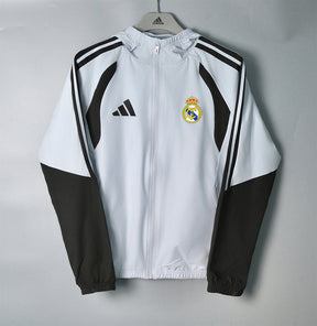 REAL MADRID 2026/27 HOODED WINDBREAKER JACKET - Light Grey/Black Stripes - front