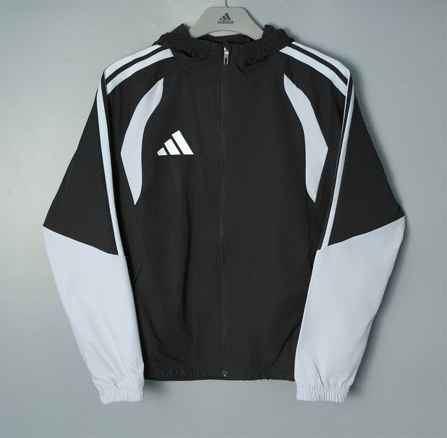 ADIDAS 2026/27 HOODED WINDBREAKER JACKET - Black/Light Grey Stripes - front