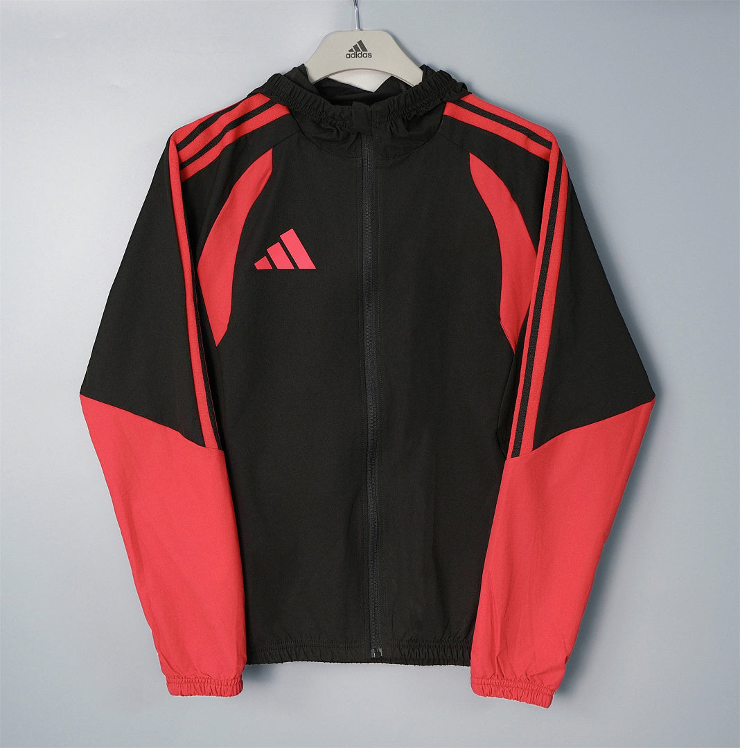 ADIDAS 2026/27 HOODED WINDBREAKER JACKET - Black/Red Stripes - front