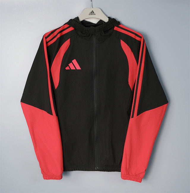 ADIDAS 2026/27 HOODED WINDBREAKER JACKET - Black/Red Stripes - front
