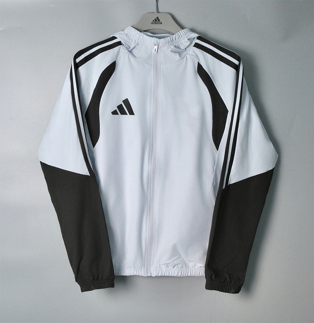 ADIDAS 2026/27 HOODED WINDBREAKER JACKET - Light Grey/Black Stripes - front