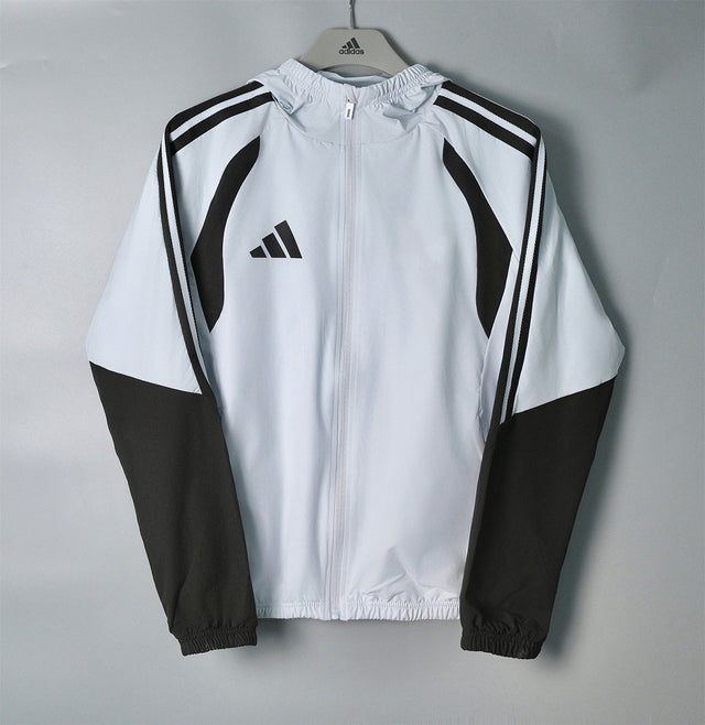 ADIDAS 2026/27 HOODED WINDBREAKER JACKET - Light Grey/Black Stripes - front